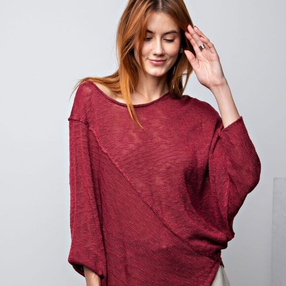 Easel Los Angeles Sweaters - Easel Velvet Merlot - Knit Diagonal Hem Sweater